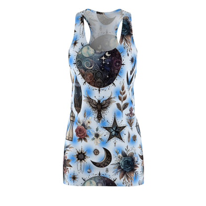 Reverse view of the Chic Women's Designer Racerback Dress showcasing a stylish celestial and floral pattern, ideal for trendy summer occasions.