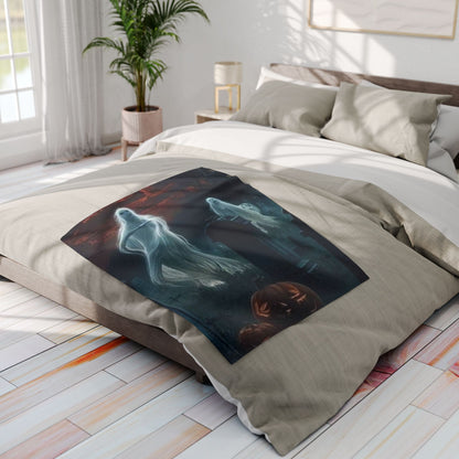 Decorative and Warm Halloween Spooky Arctic Fleece Blanket arranged on a plush bed, showcasing its intricate ghostly design, perfect for a glamorous Halloween celebration.