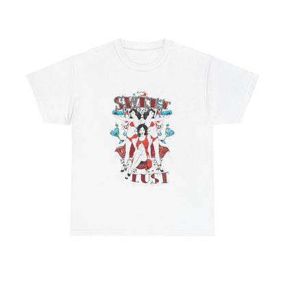 Luxurious vintage-inspired graphic tee featuring bold 'SWEET LUST' typography and playful pin-up illustrations, ideal for sophisticated casual style.