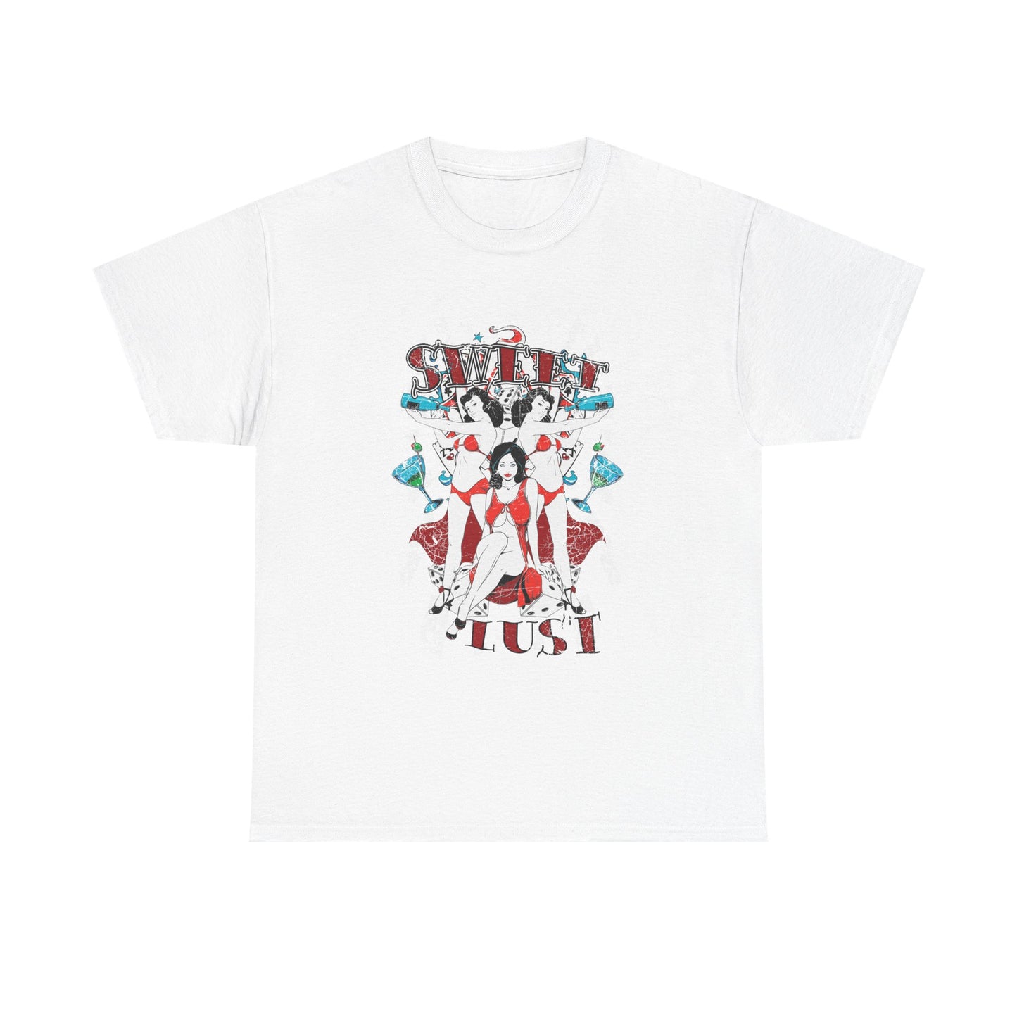 Stunning vintage graphic tee showcasing the phrase 'SWEET LUST' adorned with elegant pin-up models in vibrant red outfits, surrounded by playful cocktail glasses and dice, perfect for a luxurious vintage style.
