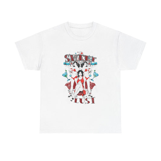 Stunning vintage graphic tee showcasing the phrase 'SWEET LUST' adorned with elegant pin-up models in vibrant red outfits, surrounded by playful cocktail glasses and dice, perfect for a luxurious vintage style.