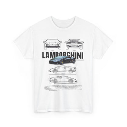 Luxury white unisex men's T-shirt showcasing Lamborghini Huracán technical drawing, intricately detailing its design and automotive brilliance.