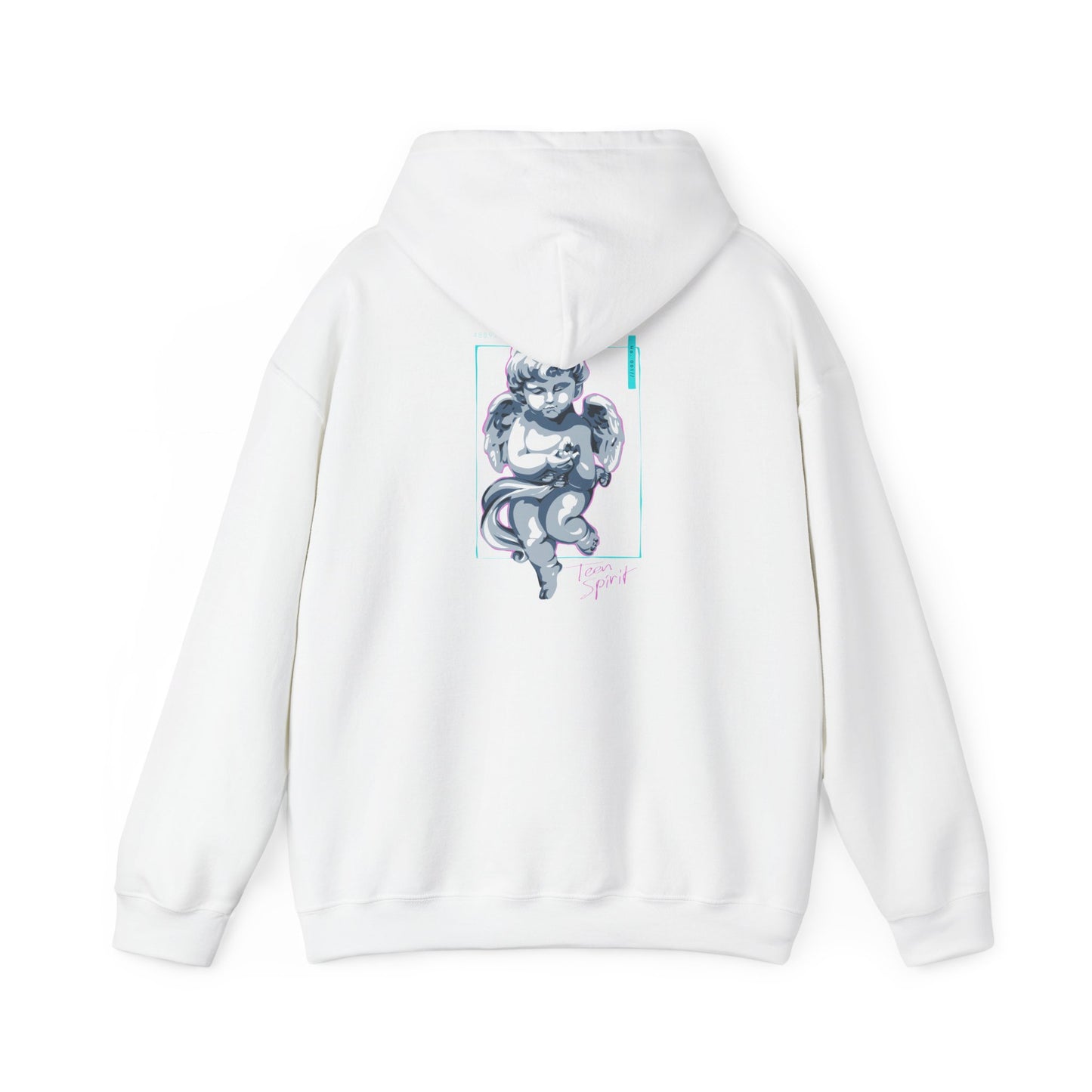 Back view of a luxurious Cherubic Angel hoodie featuring a whimsical cherubic angel illustration with soft grey and blue tones, bordered by a light teal frame on an off-white background, showcasing unique ‘Teen Spirit’ script and an intriguing design detail.