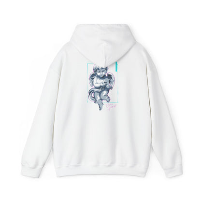Back view of a luxurious Cherubic Angel hoodie featuring a whimsical cherubic angel illustration with soft grey and blue tones, bordered by a light teal frame on an off-white background, showcasing unique ‘Teen Spirit’ script and an intriguing design detail.
