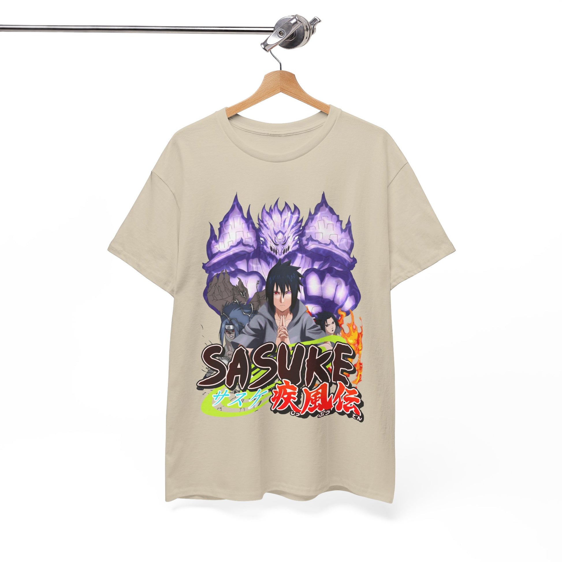 Stylish Sasuke Graphic Tee displayed on a hanger, featuring eye-catching artwork and a comfortable fit, ideal for anime fans.