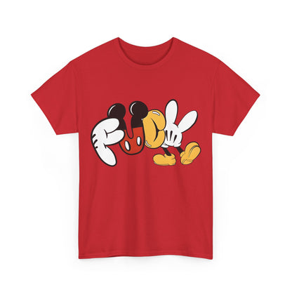 Vibrant red Mickey's Rebellion F**K Graphic T-Shirt featuring Mickey Mouse inspired design elements, offering a bold statement in luxury streetwear.