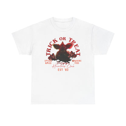 Stylish unisex white t-shirt showcasing a captivating graphic featuring the Demogorgon, complemented by 'TRICK OR TREAT', and retro-themed phrases, ideal for fans of the iconic series and perfect for casual outings.