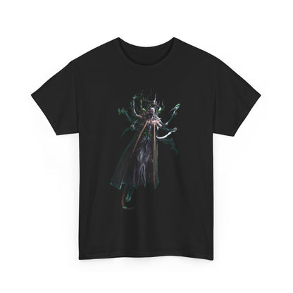 Elegant black cotton tee featuring an intricate graphic design of a fantasy humanoid figure with a captivating cloak, ideal for adding a touch of whimsical charm to any casual outfit.