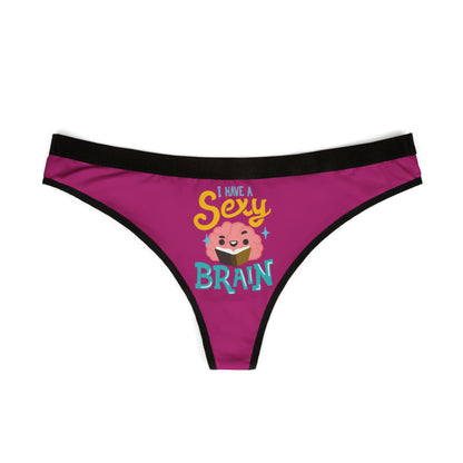 Chic thong designed with a whimsical flair, displaying the phrase 'I Have a Sexy Brain' adorned with a charming illustration, encapsulating a perfect blend of humour and luxury in women's lingerie.