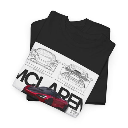 Folded black McLaren 720S T-Shirt showcasing intricate car sketches, perfect for collectors and automotive art lovers.
