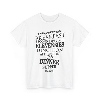 Sophisticated white t-shirt with a graphic design displaying iconic Hobbit meal times in striking black lettering, ideal for immersing in Middle-earth lore.