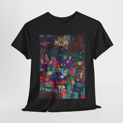 Luxurious black graphic t-shirt featuring a vibrant design inspired by the Netflix series 'Squid Game', showcasing a lively party scene with intricate details.