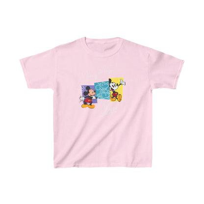 Child's Mickey Mouse Graphic Unisex Graphic Tee Shirt Kids in soft pink featuring vibrant illustrations of Mickey Mouse in stylized rectangles, ideal for youthful elegance.