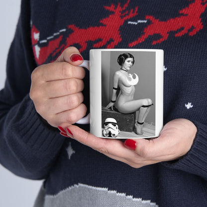 Charming Funny Princess Leia Mug displayed with festive attire, illustrating a playful homage to the beloved character. This refined ceramic piece offers a whimsical design, ideal for gifting or self-indulgence in luxurious drink experiences.