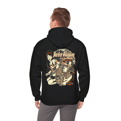 Man wearing a black Harley-Davidson hoodie with a captivating engine and chic lady graphic on the back, exuding confidence and style.