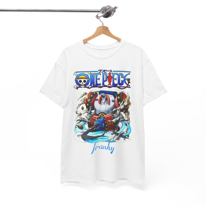 Stylish One Piece Franky t-shirt elegantly displayed on a hanger, highlighting a detailed graphic of Franky, ideal for those who seek adventure and luxury in their wardrobe.