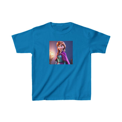 Kids Frozen Anna Heavy Cotton T-Shirt in vibrant blue, featuring a stylish graphic of character Anna, perfect for comfort and timeless elegance.