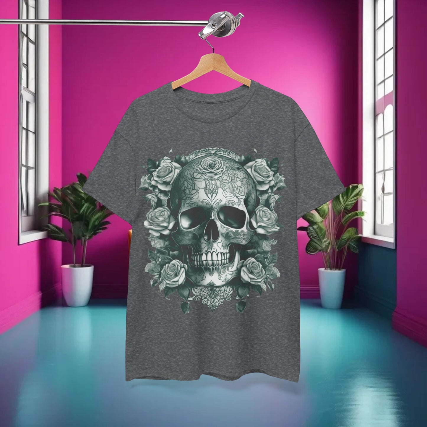 Skulls and Roses Cotton Tee, Unisex Graphic Shirt, 7 color choice