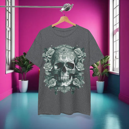 Skulls and Roses Cotton Tee, Unisex Graphic Shirt showcased in a stylish indoor setting, featuring a striking skull and rose design against a dark grey background.