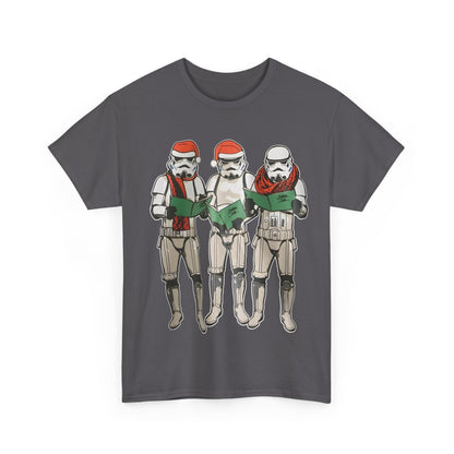 Chic Carol Singing Stormtroopers Star Wars Graphic T-Shirt, showcasing harmonizing Stormtroopers adorned with Santa hats, an ideal blend of geek culture and urban style.