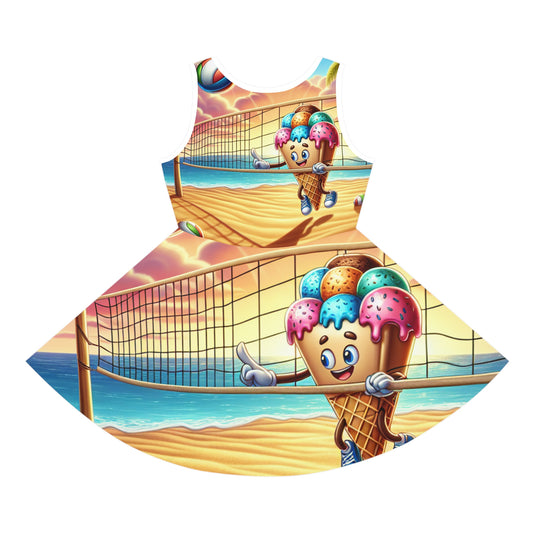 Close-up of the luxurious fabric of Liana Dioretti Ice-Cream Beach Volleyball Themed Girls Sundress showcasing superior quality and delightful design by Dazzling Dreams Studio.