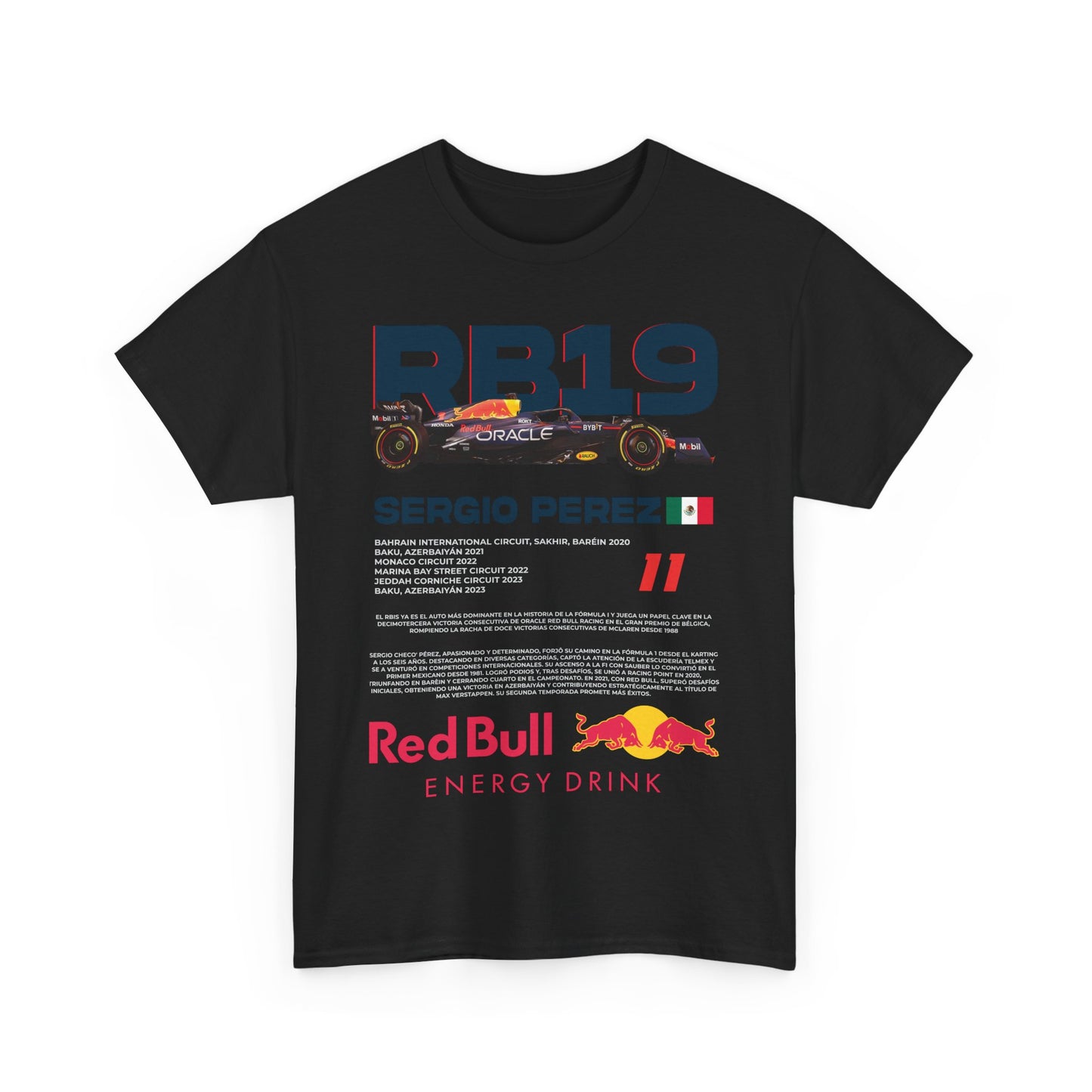 Chic black men's t-shirt adorned with the RB19 design and Sergio Perez details, perfect for blending luxury with motorsport passion.