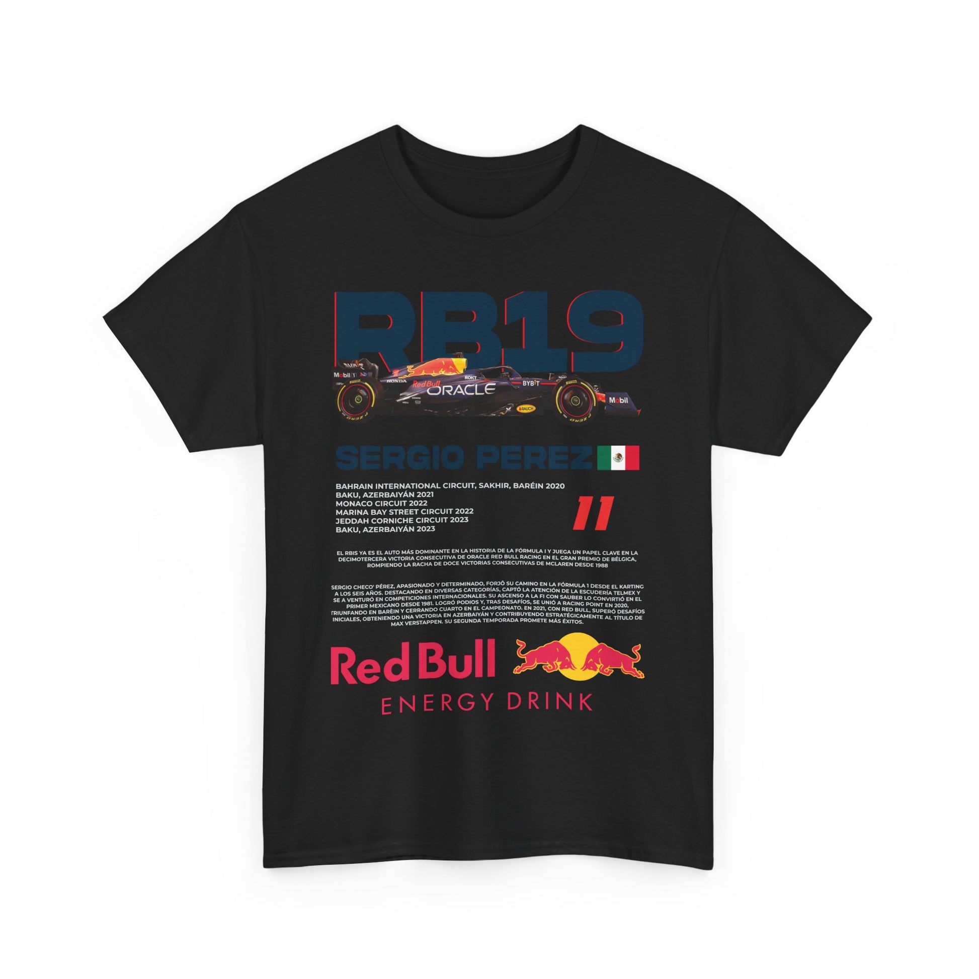 Chic black men's t-shirt adorned with the RB19 design and Sergio Perez details, perfect for blending luxury with motorsport passion.