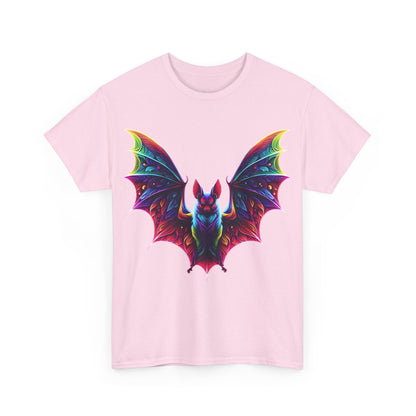 Radiant Evolution Bat Tee - Unisex Cotton Tee featuring a vivid and intricately designed stylized bat in vibrant rainbow hues, perfect for expressing individuality and style.