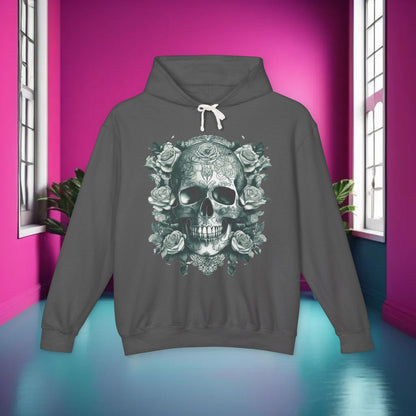 Sophisticated Skull and Roses Lightweight Hoodie presented in a contemporary space, illustrating a bold skull adorned with roses. A must-have statement piece for stylish individuals.