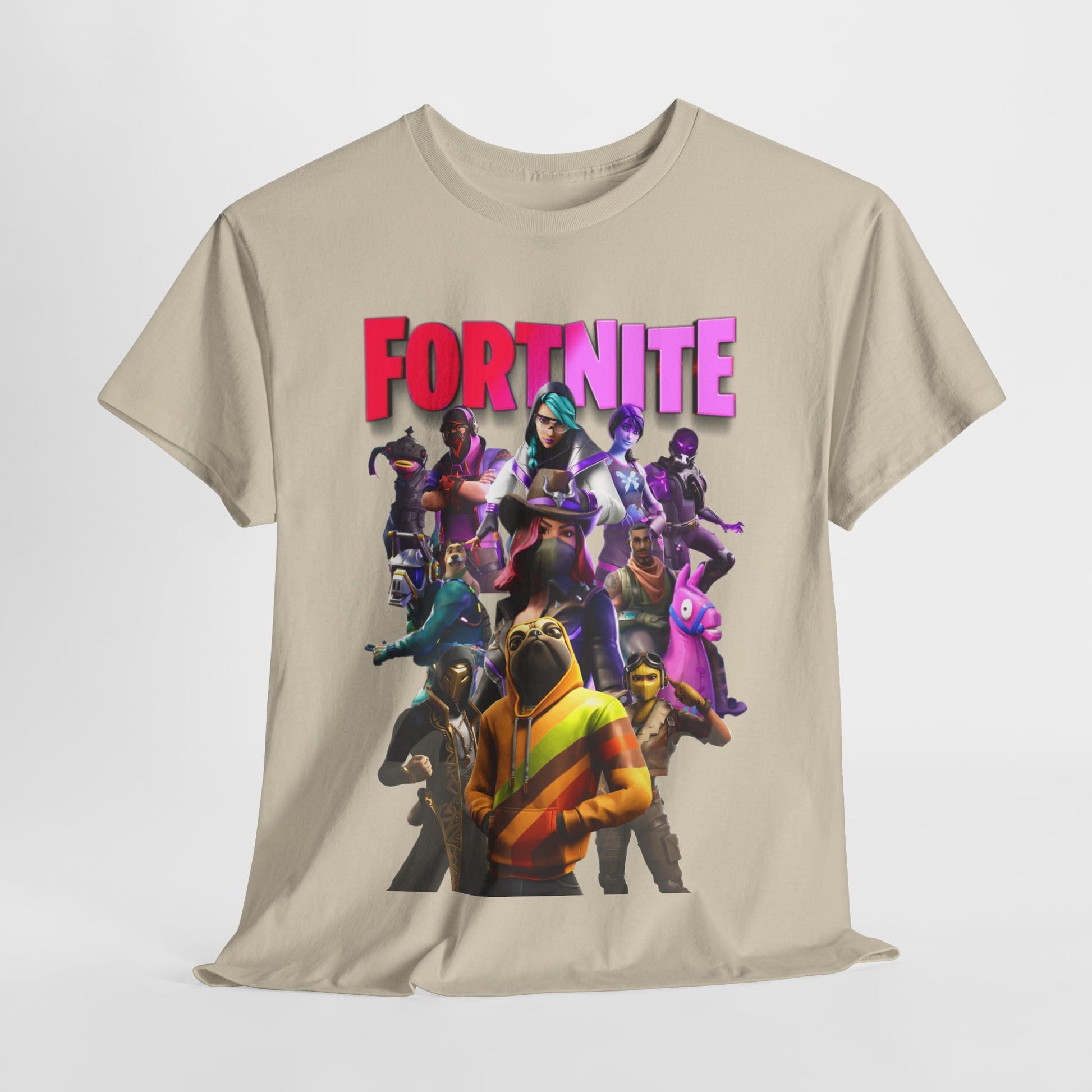 Luxurious Fortnite Squad Drip T-Shirt featuring vibrant characters and bold 'FORTNITE' lettering, perfect for gamers and fashion enthusiasts.