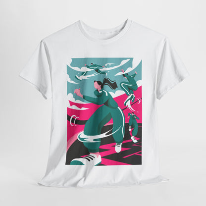 Stylish Squid Game inspired graphic t-shirt featuring dynamic illustrations of characters in motion against a vibrant pink and turquoise background, perfect for fashion-forward individuals.