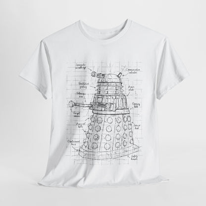 Dr Who Dalek Unisex Mens Women´s Graphic Funny T Shirt Tee Urban Street elegantly displayed t-shirt featuring a technical drawing of a Dalek on a pristine white background.