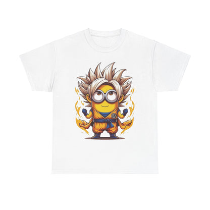 Minion's Dragon Ball Z Mashup Unisex Men's Women's Graphic T Shirt Tee showcasing a Minion in a Dragon Ball Z outfit against a white background. This funny T Shirt combines comfort with a playful design, making it a must-have for Minions fans.