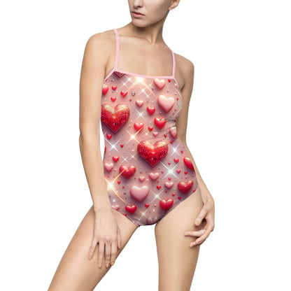 Elegantly modelled Glittering Hearts Classic Women's One-Piece Swimsuit by Dazzling Dreams Studio, showcasing its flattering silhouette and vibrant glittering hearts print for a luxurious beach look.
