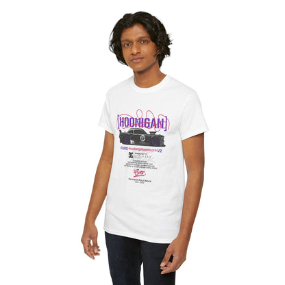 Young man posing in the Ford Mustang Hoonicon V2 graphic tee, highlighting the fashionable design and motorsport-inspired aesthetics for the discerning enthusiast.