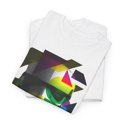 Luxurious white T-Shirt folded displaying a geometric Stormtrooper helmet design, merging humour and contemporary art aesthetics for a sophisticated look.