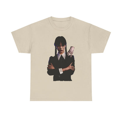 Luxurious unisex graphic tee featuring Wednesday Addams with Thing, perfect for embracing dark elegance.