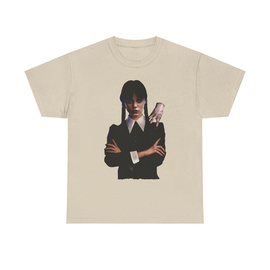 Luxurious unisex graphic tee featuring Wednesday Addams with Thing, perfect for embracing dark elegance.