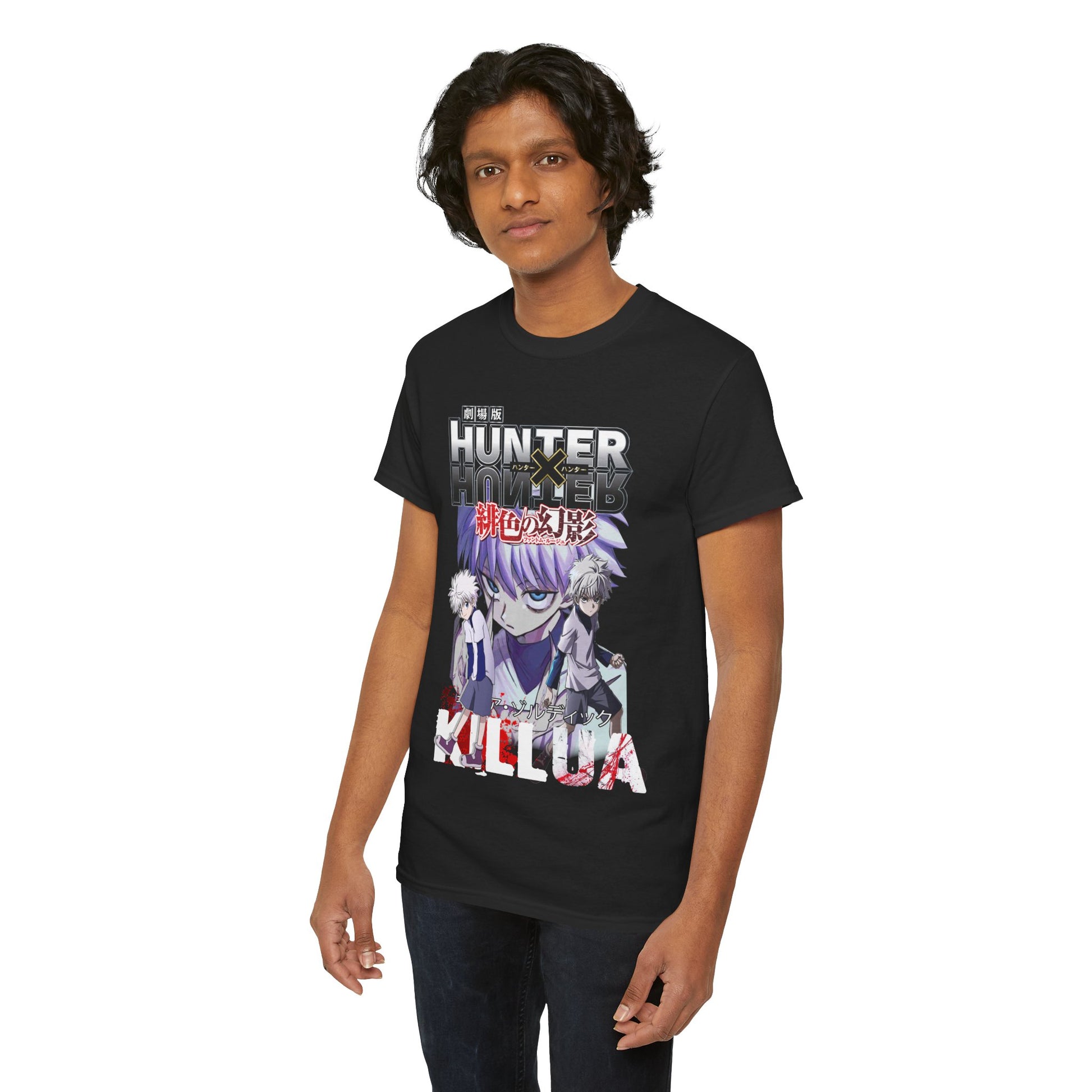 Trendy individual in a luxurious black anime t-shirt featuring Killua from Hunter x Hunter, captured in a fashionable casual setting.