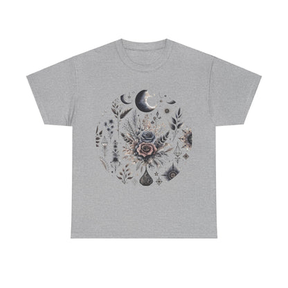 Pure Symphony Floral Graphic Tee - A stylish grey tee showcasing exquisite floral designs, perfect for adding a touch of nature-inspired luxury to your summer wardrobe.