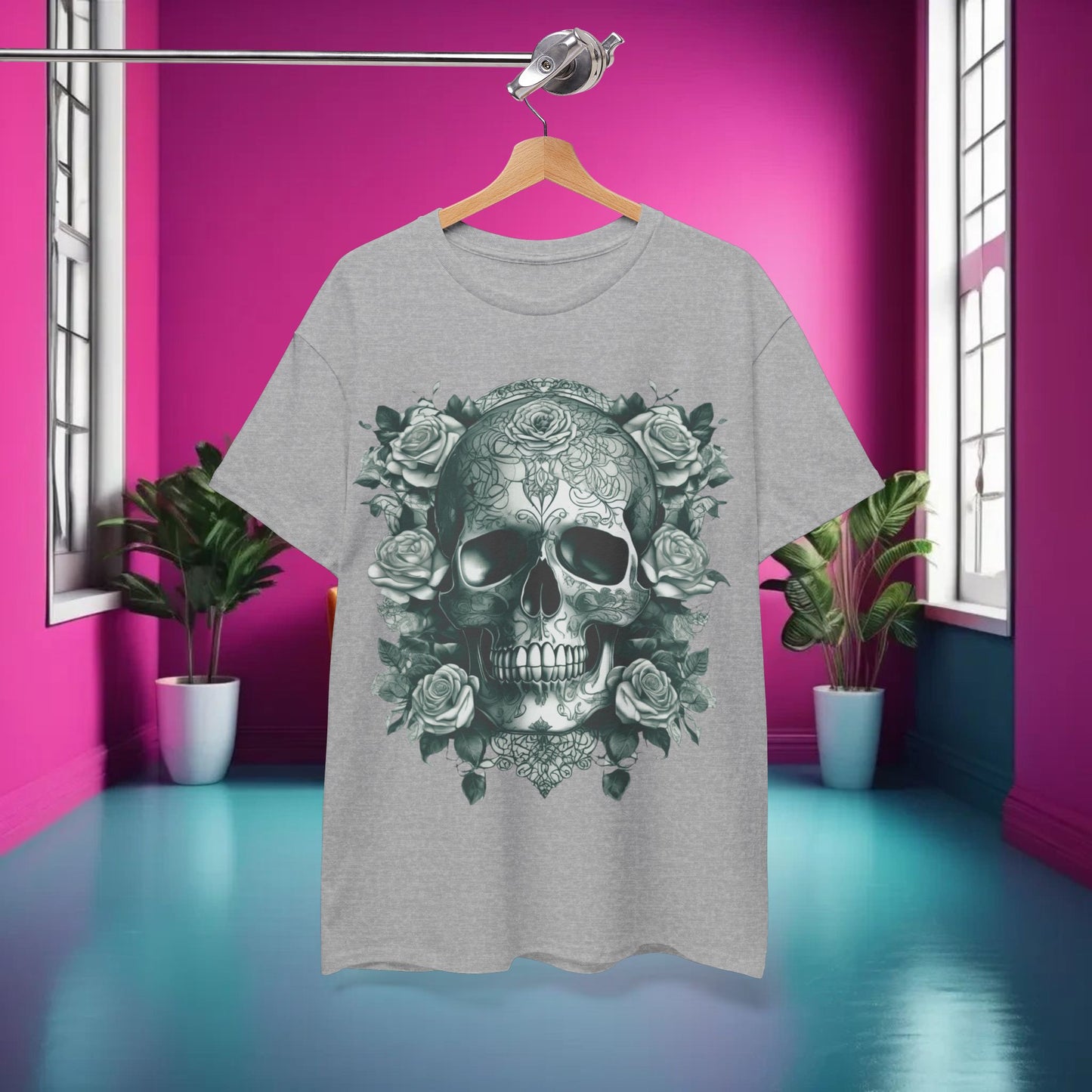 Skulls and Roses Cotton Tee, Unisex Graphic Shirt, 7 color choice