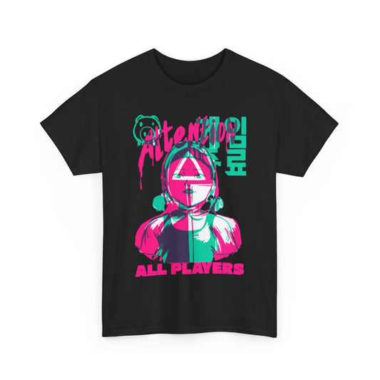 Squid Game Unisex Men's Women's Graphic Cotton Funny T Shirt Tee showcasing a striking design of a character accompanied by the phrase 'Attention All Players', ideal for adding a touch of edgy elegance to any outfit.