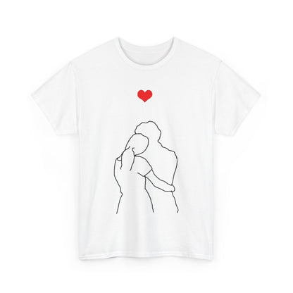 Valentines Day Lovers Gift Mens Womens Graphic T-Shirt showcasing minimalistic design of a couple embracing, accented with a vibrant red heart, perfect for romantic occasions.