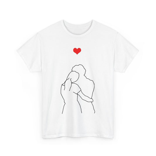 Valentines Day Lovers Gift Mens Womens Graphic T-Shirt showcasing minimalistic design of a couple embracing, accented with a vibrant red heart, perfect for romantic occasions.
