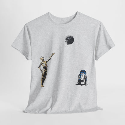 Luxury Star Wars T-Shirt featuring C-3PO and R2-D2 in a playful design with a Death Star balloon, perfect for fans of intergalactic style.