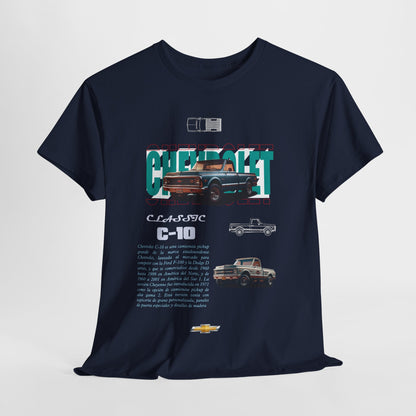 Chic front view of the Classic Chevrolet C-10 t-shirt, displaying intricate design elements celebrating classic Americana in high-quality fabric.