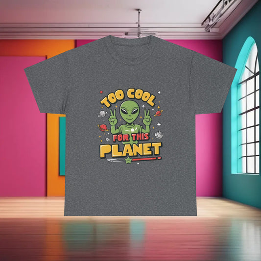 Urban Unisex 100% Cotton Cool Alien Graphic T-Shirt in grey, showcasing a playful alien graphic and the phrase 'TOO COOL FOR THIS PLANET'. Ideal for casual and stylish outfits.