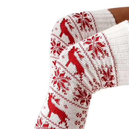 Elegant close-up view of luxurious white Sexy reindeer Stockings, featuring sophisticated festive patterns, ideal for chic winter fashion.