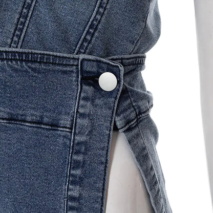 Detail view of the side fastening of the Chloe Women's Denim Skirt Set, highlighting the expertly crafted tailored design and luxurious comfort.