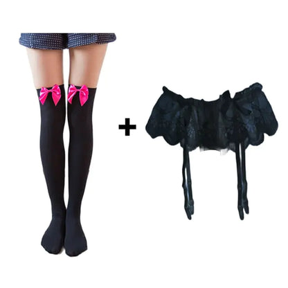 A playful set featuring Women's Sexy Thigh High Lace Stockings adorned with pink bows and an optional garter, perfect for a flirtatious touch.